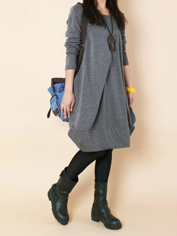 A-line Long Sleeves Pleated Solid Color Round-neck Dresses Maxi Dresses - Image 17