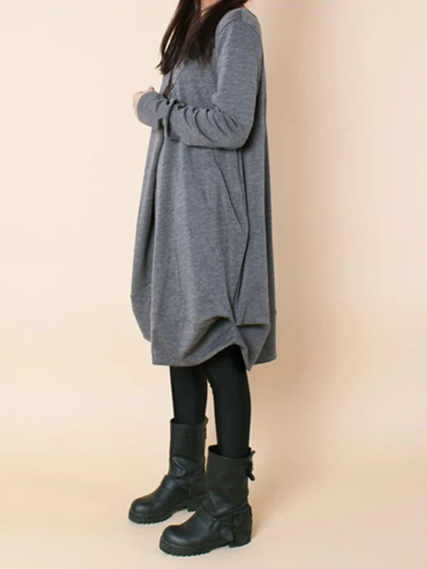 A-line Long Sleeves Pleated Solid Color Round-neck Dresses Maxi Dresses - Image 18