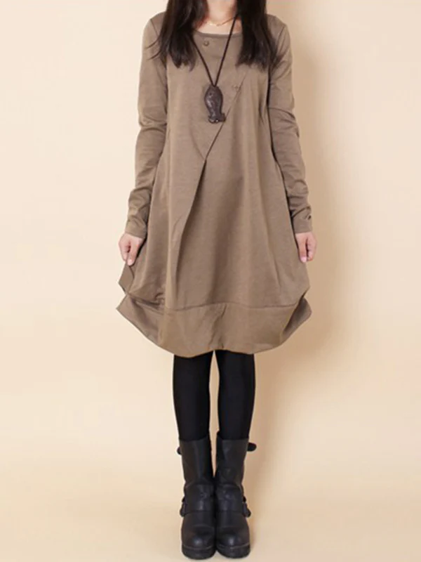 A-line Long Sleeves Pleated Solid Color Round-neck Dresses Maxi Dresses - Image 2