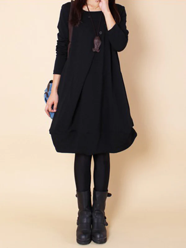 A-line Long Sleeves Pleated Solid Color Round-neck Dresses Maxi Dresses - Image 21