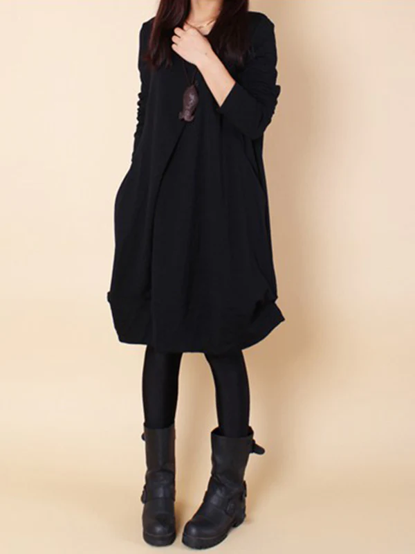 A-line Long Sleeves Pleated Solid Color Round-neck Dresses Maxi Dresses - Image 22