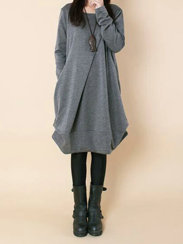 A-line Long Sleeves Pleated Solid Color Round-neck Dresses Maxi Dresses - Image 3