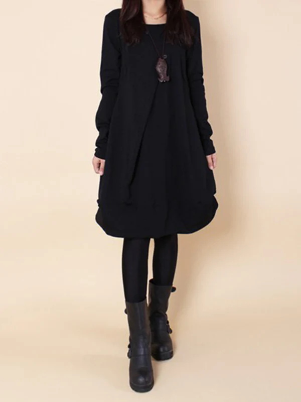 A-line Long Sleeves Pleated Solid Color Round-neck Dresses Maxi Dresses - Image 4