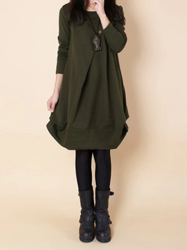 A-line Long Sleeves Pleated Solid Color Round-neck Dresses Maxi Dresses - Image 5