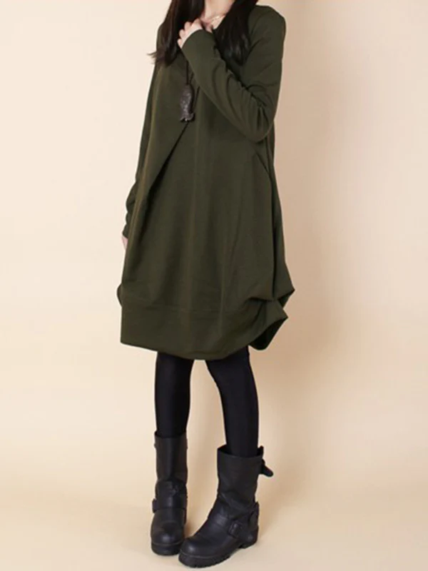 A-line Long Sleeves Pleated Solid Color Round-neck Dresses Maxi Dresses - Image 6