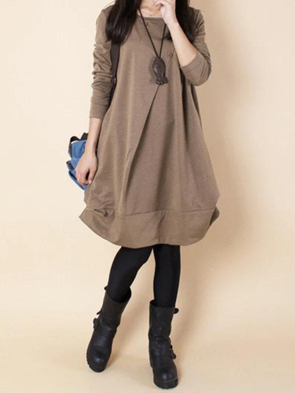 A-line Long Sleeves Pleated Solid Color Round-neck Dresses Maxi Dresses - Image 9