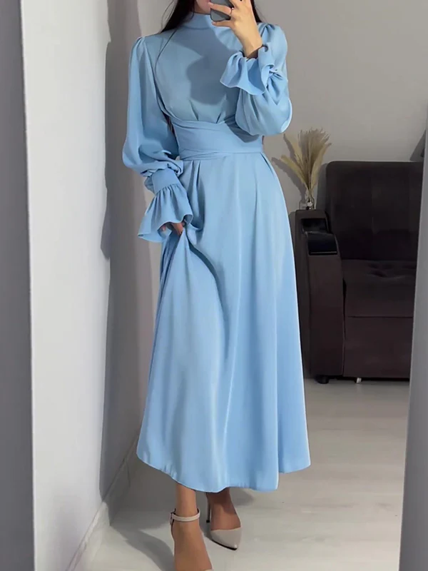 A-Line Long Sleeves Pleated Solid Color Tied Waist Zipper Mock Neck Maxi Dresses - Image 10
