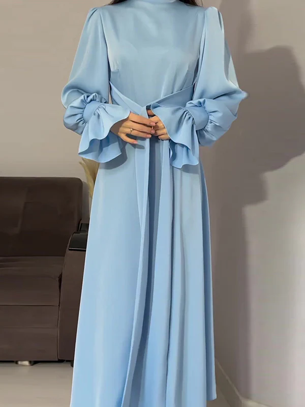 A-Line Long Sleeves Pleated Solid Color Tied Waist Zipper Mock Neck Maxi Dresses - Image 11