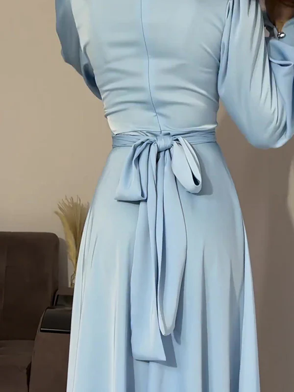 A-Line Long Sleeves Pleated Solid Color Tied Waist Zipper Mock Neck Maxi Dresses - Image 12