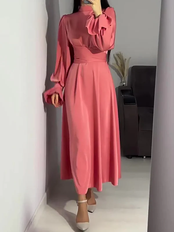 A-Line Long Sleeves Pleated Solid Color Tied Waist Zipper Mock Neck Maxi Dresses - Image 13