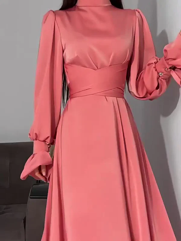 A-Line Long Sleeves Pleated Solid Color Tied Waist Zipper Mock Neck Maxi Dresses - Image 14