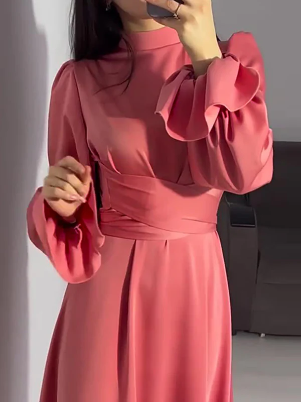 A-Line Long Sleeves Pleated Solid Color Tied Waist Zipper Mock Neck Maxi Dresses - Image 15