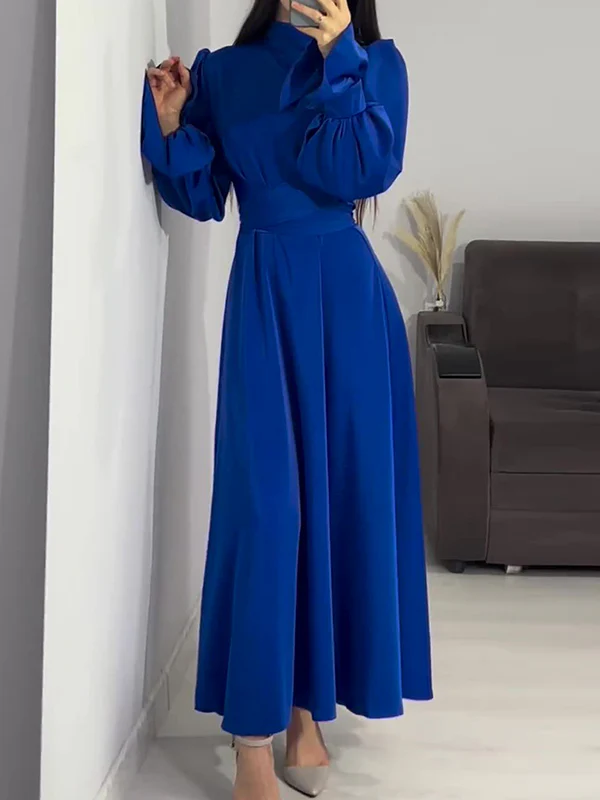 A-Line Long Sleeves Pleated Solid Color Tied Waist Zipper Mock Neck Maxi Dresses - Image 16