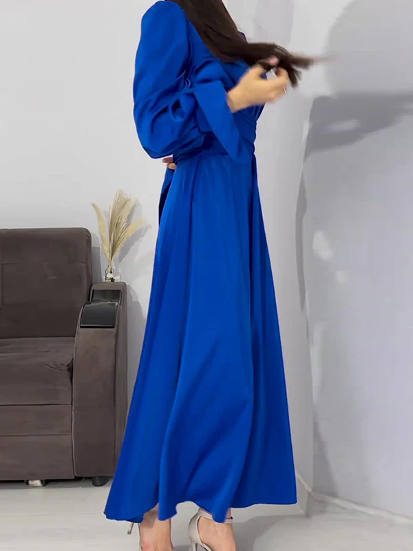 A-Line Long Sleeves Pleated Solid Color Tied Waist Zipper Mock Neck Maxi Dresses - Image 17