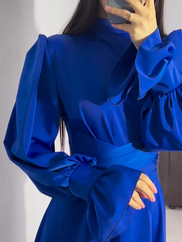 A-Line Long Sleeves Pleated Solid Color Tied Waist Zipper Mock Neck Maxi Dresses - Image 18