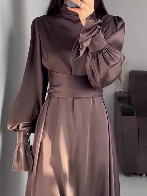 A-Line Long Sleeves Pleated Solid Color Tied Waist Zipper Mock Neck Maxi Dresses - Image 19