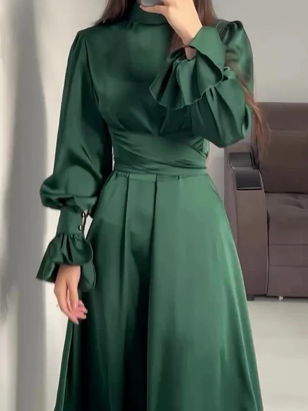 A-Line Long Sleeves Pleated Solid Color Tied Waist Zipper Mock Neck Maxi Dresses - Image 2