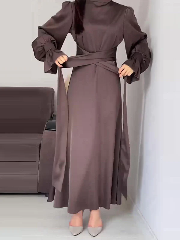A-Line Long Sleeves Pleated Solid Color Tied Waist Zipper Mock Neck Maxi Dresses - Image 20