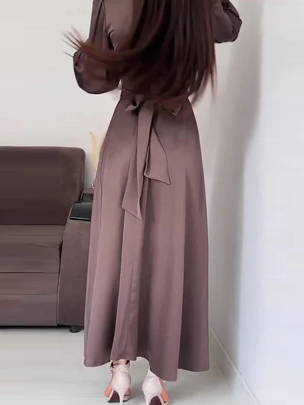 A-Line Long Sleeves Pleated Solid Color Tied Waist Zipper Mock Neck Maxi Dresses - Image 21