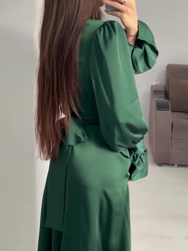 A-Line Long Sleeves Pleated Solid Color Tied Waist Zipper Mock Neck Maxi Dresses - Image 3