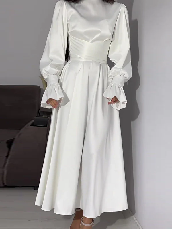 A-Line Long Sleeves Pleated Solid Color Tied Waist Zipper Mock Neck Maxi Dresses - Image 4