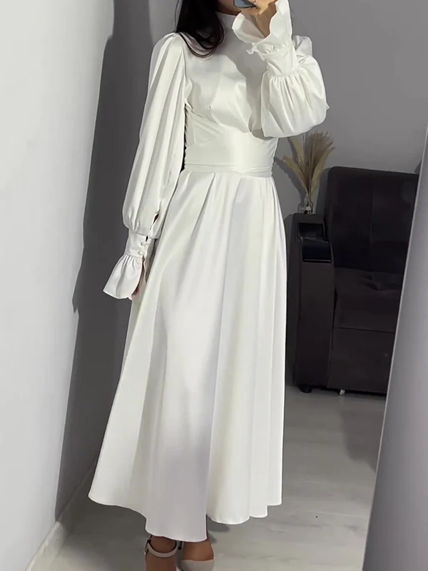 A-Line Long Sleeves Pleated Solid Color Tied Waist Zipper Mock Neck Maxi Dresses - Image 5