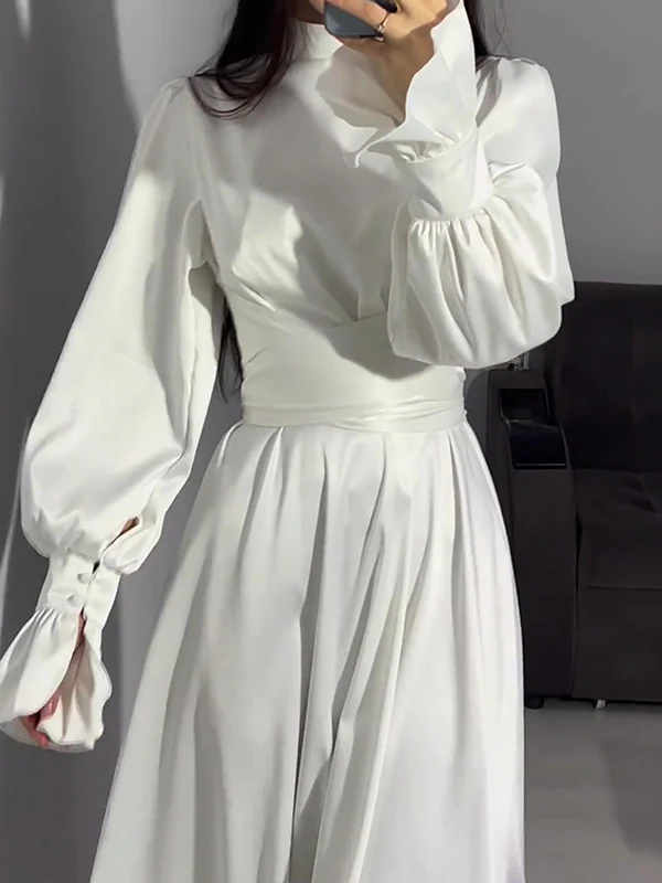 A-Line Long Sleeves Pleated Solid Color Tied Waist Zipper Mock Neck Maxi Dresses - Image 6
