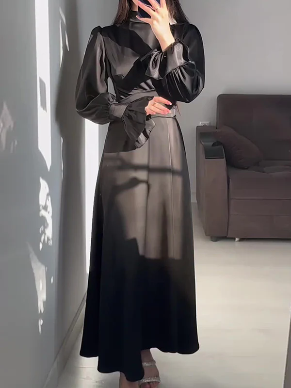 A-Line Long Sleeves Pleated Solid Color Tied Waist Zipper Mock Neck Maxi Dresses - Image 7