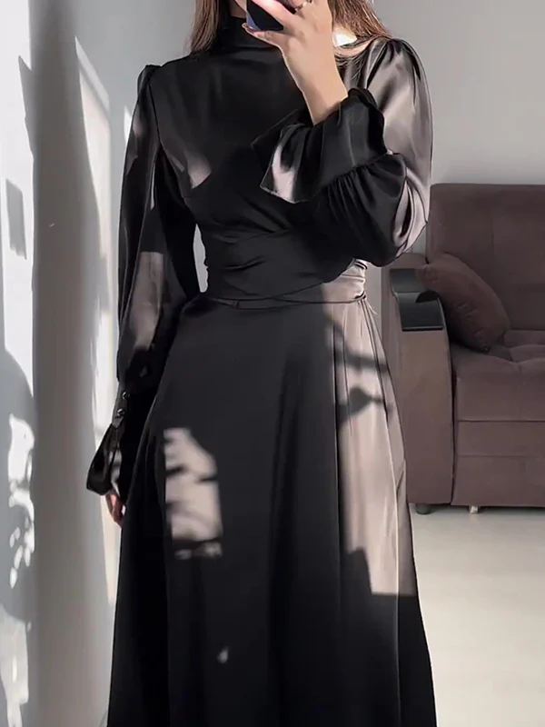 A-Line Long Sleeves Pleated Solid Color Tied Waist Zipper Mock Neck Maxi Dresses - Image 8