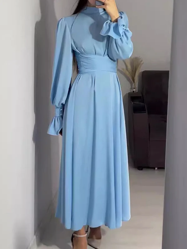 A-Line Long Sleeves Pleated Solid Color Tied Waist Zipper Mock Neck Maxi Dresses - Image 9
