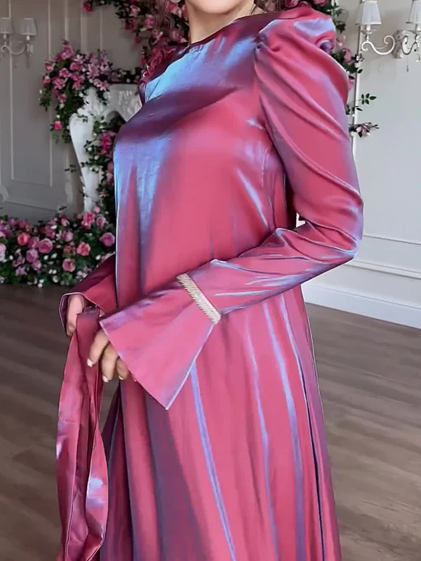 A-Line Long Sleeves Pleated Solid Color Tied Waist Zipper Round-Neck Maxi Dresses - Image 10