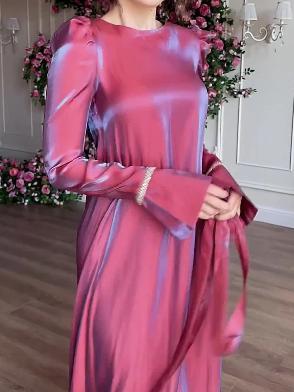 A-Line Long Sleeves Pleated Solid Color Tied Waist Zipper Round-Neck Maxi Dresses - Image 11
