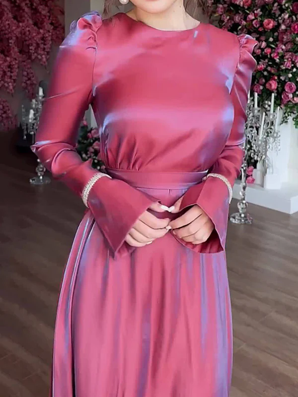 A-Line Long Sleeves Pleated Solid Color Tied Waist Zipper Round-Neck Maxi Dresses - Image 12