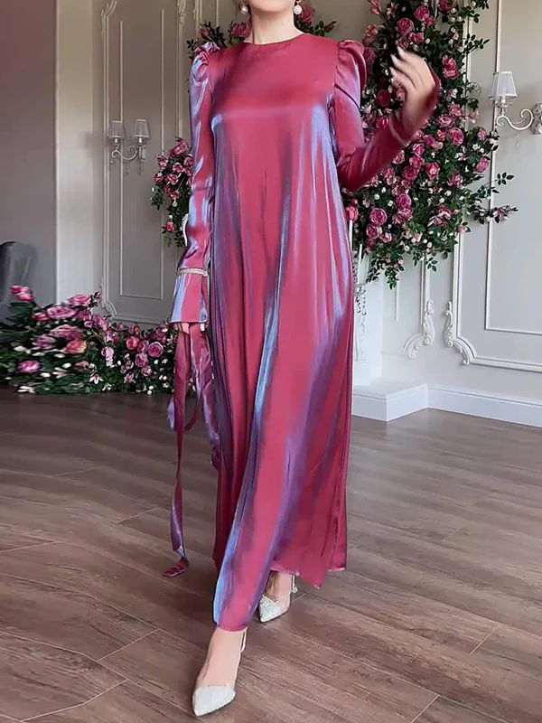 A-Line Long Sleeves Pleated Solid Color Tied Waist Zipper Round-Neck Maxi Dresses - Image 2