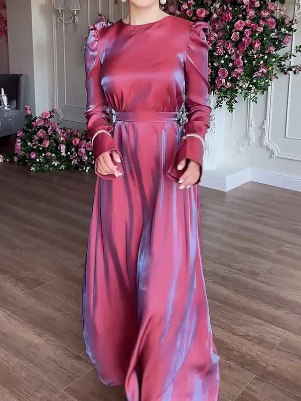 A-Line Long Sleeves Pleated Solid Color Tied Waist Zipper Round-Neck Maxi Dresses - Image 3