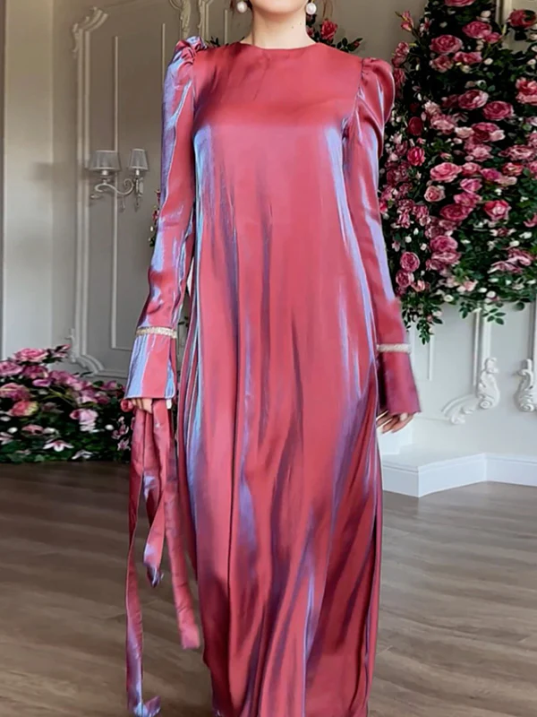 A-Line Long Sleeves Pleated Solid Color Tied Waist Zipper Round-Neck Maxi Dresses - Image 4