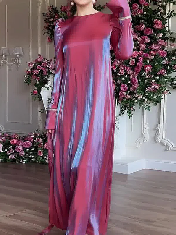 A-Line Long Sleeves Pleated Solid Color Tied Waist Zipper Round-Neck Maxi Dresses - Image 5