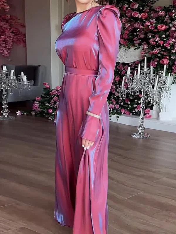 A-Line Long Sleeves Pleated Solid Color Tied Waist Zipper Round-Neck Maxi Dresses - Image 6
