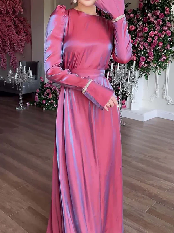A-Line Long Sleeves Pleated Solid Color Tied Waist Zipper Round-Neck Maxi Dresses - Image 7