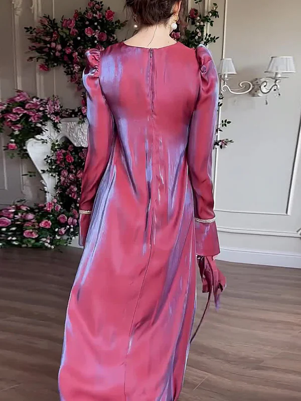 A-Line Long Sleeves Pleated Solid Color Tied Waist Zipper Round-Neck Maxi Dresses - Image 8