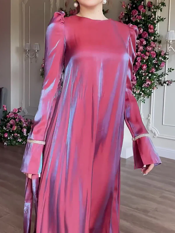 A-Line Long Sleeves Pleated Solid Color Tied Waist Zipper Round-Neck Maxi Dresses - Image 9