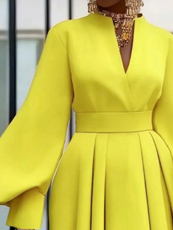 A-Line Long Sleeves Pleated Solid Color V-Neck Mini Dresses - Image 2