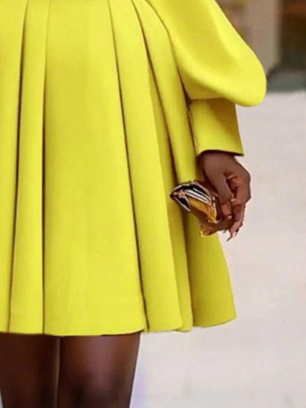A-Line Long Sleeves Pleated Solid Color V-Neck Mini Dresses - Image 3