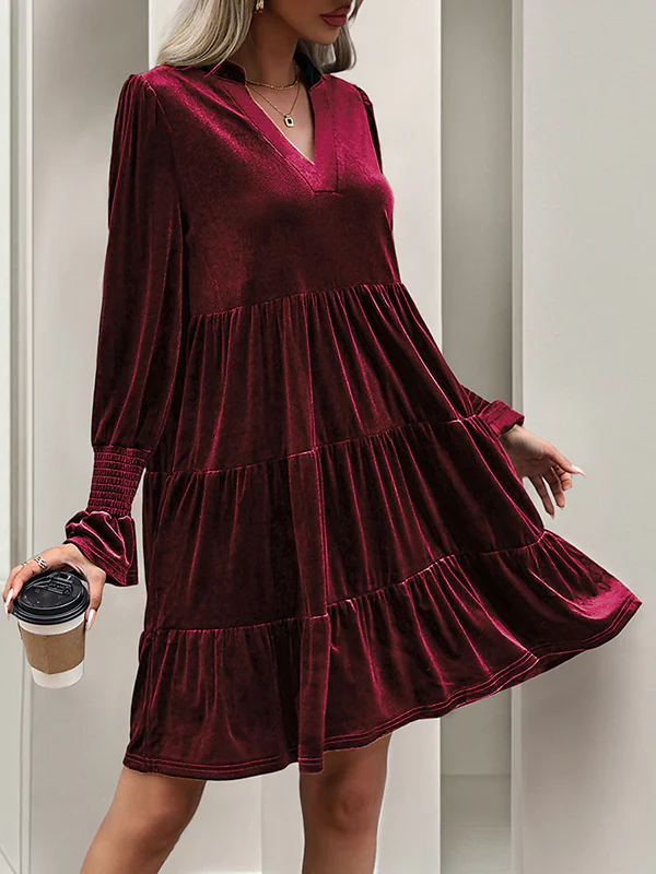 A-Line Long Sleeves Pleated Solid Color Velvet V-Neck Mini Dresses - Image 10
