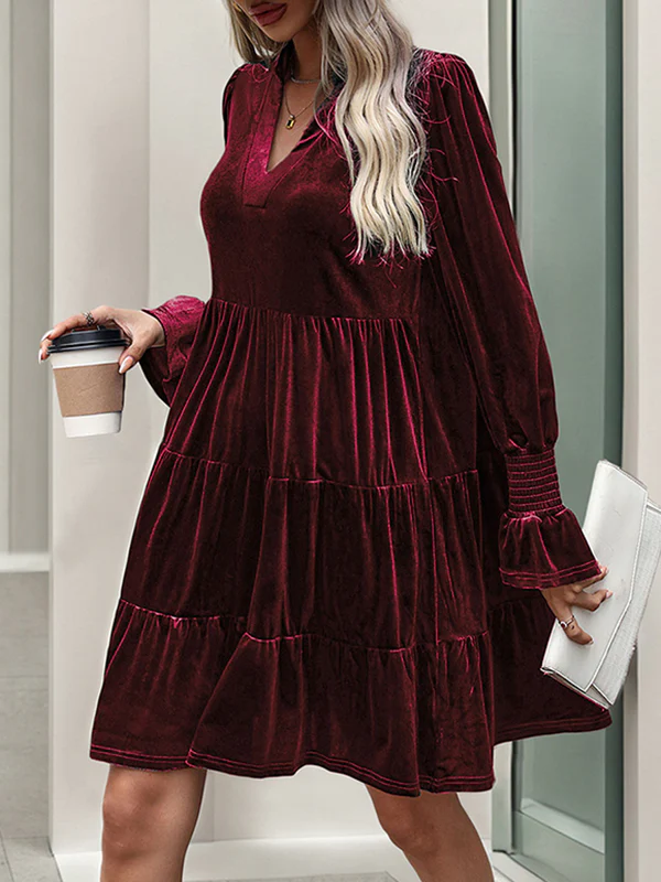 A-Line Long Sleeves Pleated Solid Color Velvet V-Neck Mini Dresses - Image 11