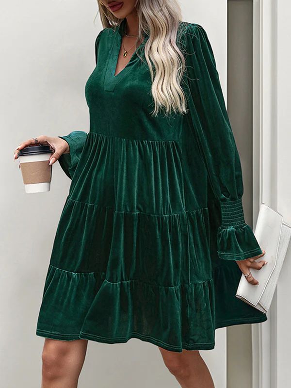 A-Line Long Sleeves Pleated Solid Color Velvet V-Neck Mini Dresses - Image 12