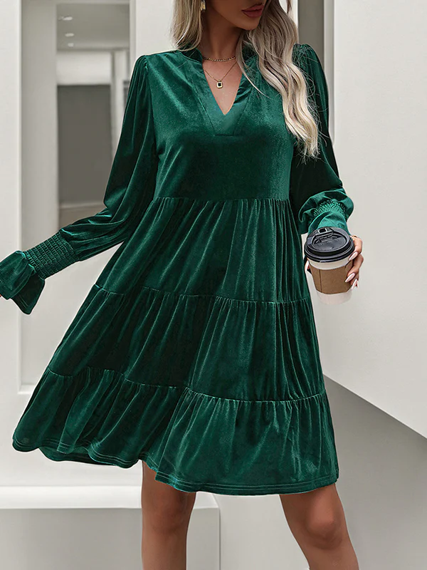 A-Line Long Sleeves Pleated Solid Color Velvet V-Neck Mini Dresses - Image 14