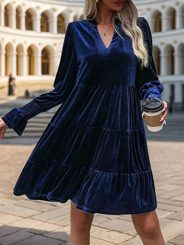 A-Line Long Sleeves Pleated Solid Color Velvet V-Neck Mini Dresses - Image 15