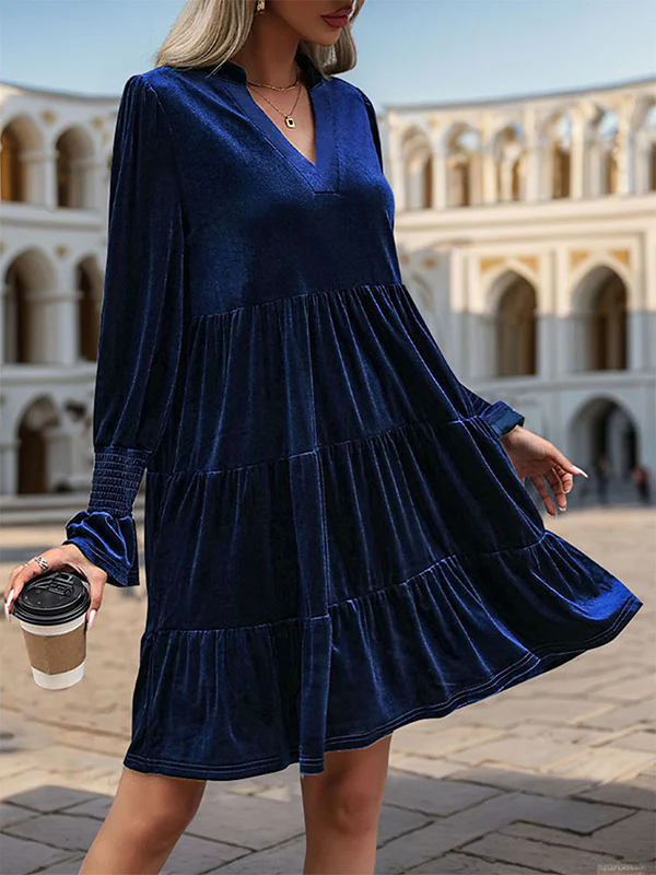A-Line Long Sleeves Pleated Solid Color Velvet V-Neck Mini Dresses - Image 18