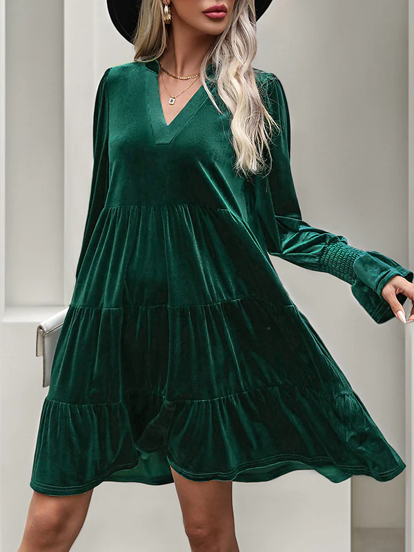 A-Line Long Sleeves Pleated Solid Color Velvet V-Neck Mini Dresses - Image 2